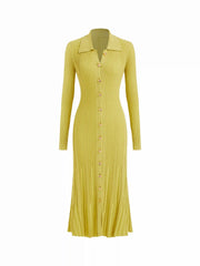 Knit Color Long Sleeve Metal Button Maxi Dress