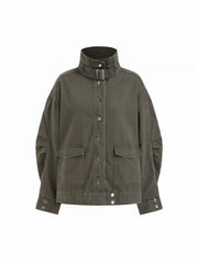Two Way Denim Funnel Neck Belted Pleated Oversized Jacket