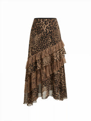 Chiffon High Rise Leopard Print Layered Maxi Skirt