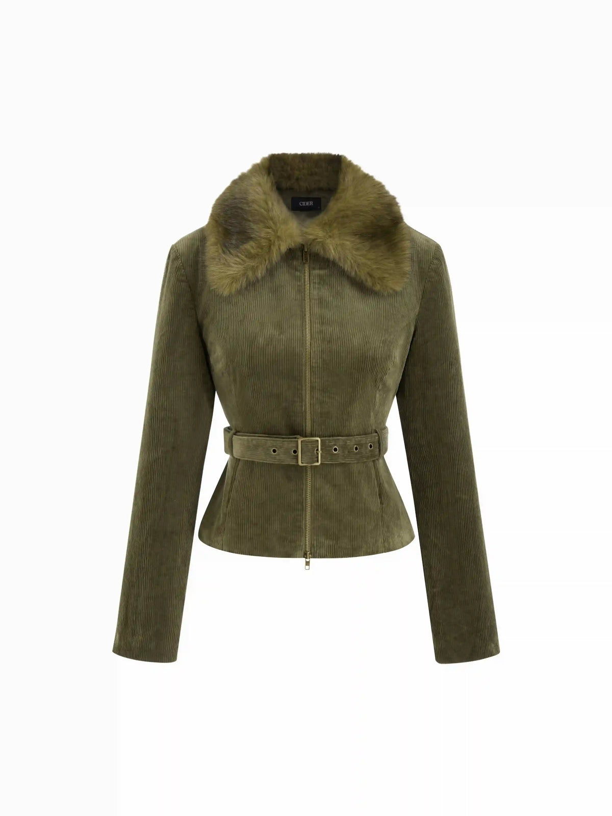 Corduroy Faux Fur Trim Collar Jacket With Belt