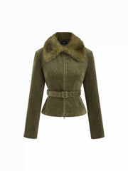 Corduroy Faux Fur Trim Collar Jacket With Belt