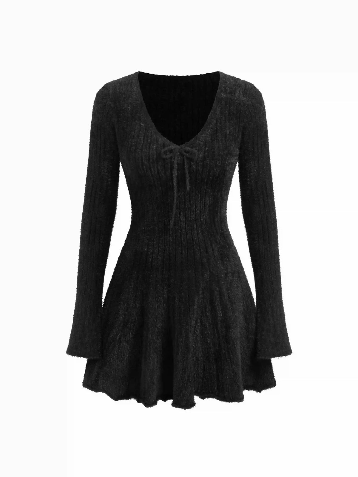 Knit V-neck Bowknot Ruffle Hem Winter Mini Dress