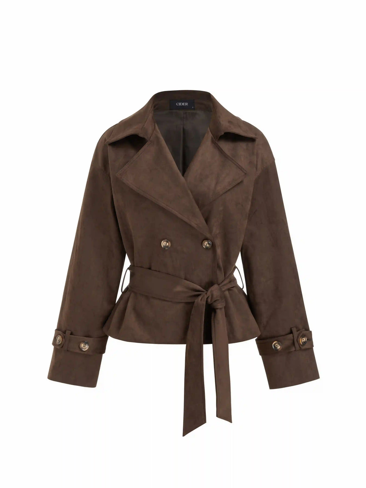 Suede Collar Double Breasted Trench Coat With Belt