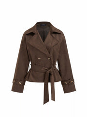 Suede Collar Double Breasted Trench Coat With Belt