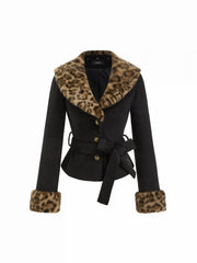 Wool-Look Faux Leopard Fur Trim Collar Cinched Waist Jacket With Belt
