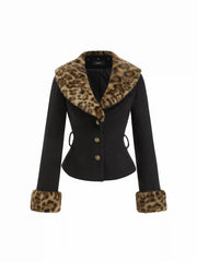 Wool-Look Faux Leopard Fur Trim Collar Cinched Waist Jacket With Belt