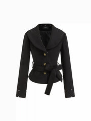 Wool-Look Faux Leopard Fur Trim Collar Cinched Waist Jacket With Belt