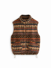 Fleece Aztec Stand Collar Drawstring Zip Through Oversized Jacket Vest