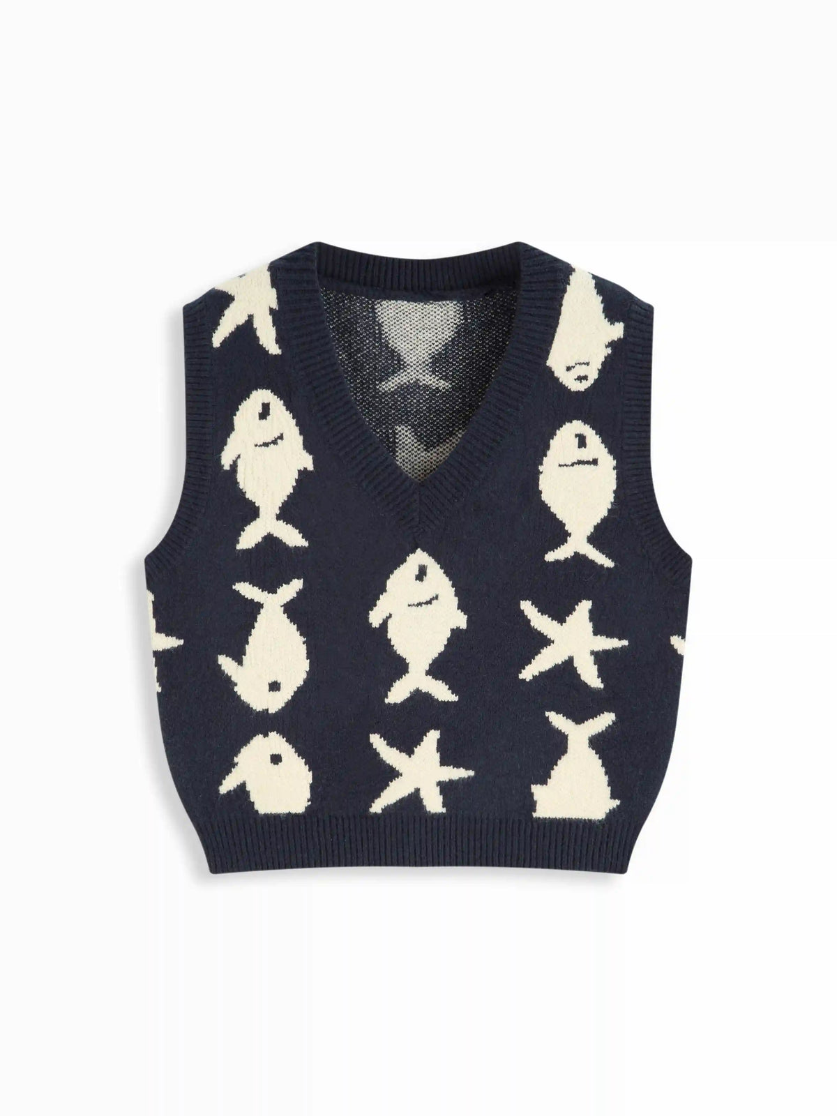 Knit V-neck Fish Pattern Vest