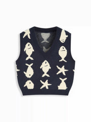 Knit V-neck Fish Pattern Vest