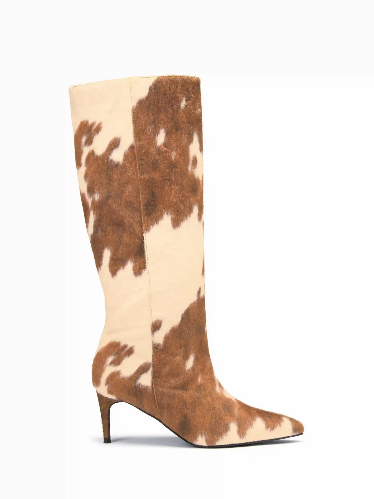 POINTED TOE COWHIDE PRINT KNEE HIGH BOOTS