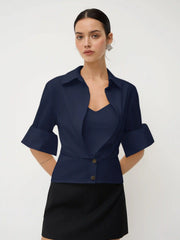 Cotton Collar Mid-length Sleeve Shirt with Cami Top