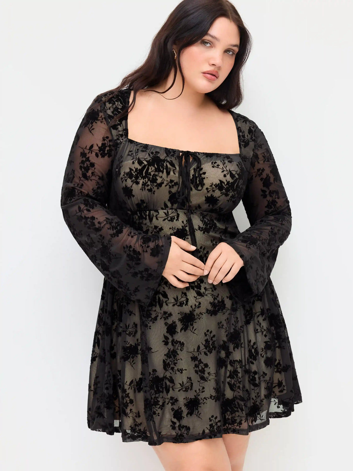 Mesh Square Neck Floral Ruffle Mini Dress Curve & Plus
