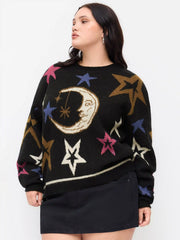 Knit Star & Moon Pattern Oversized Top Curve & Plus