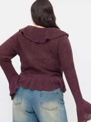 Knit Mohair-blend V-neck Long Sleeve Tie Front Ruffle Split Cardigan Curve & Plus