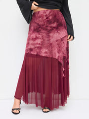 Mesh Mid Rise Floral Tie Dye Asymmetrical Hem Tulle Maxi Skirt Curve & Plus