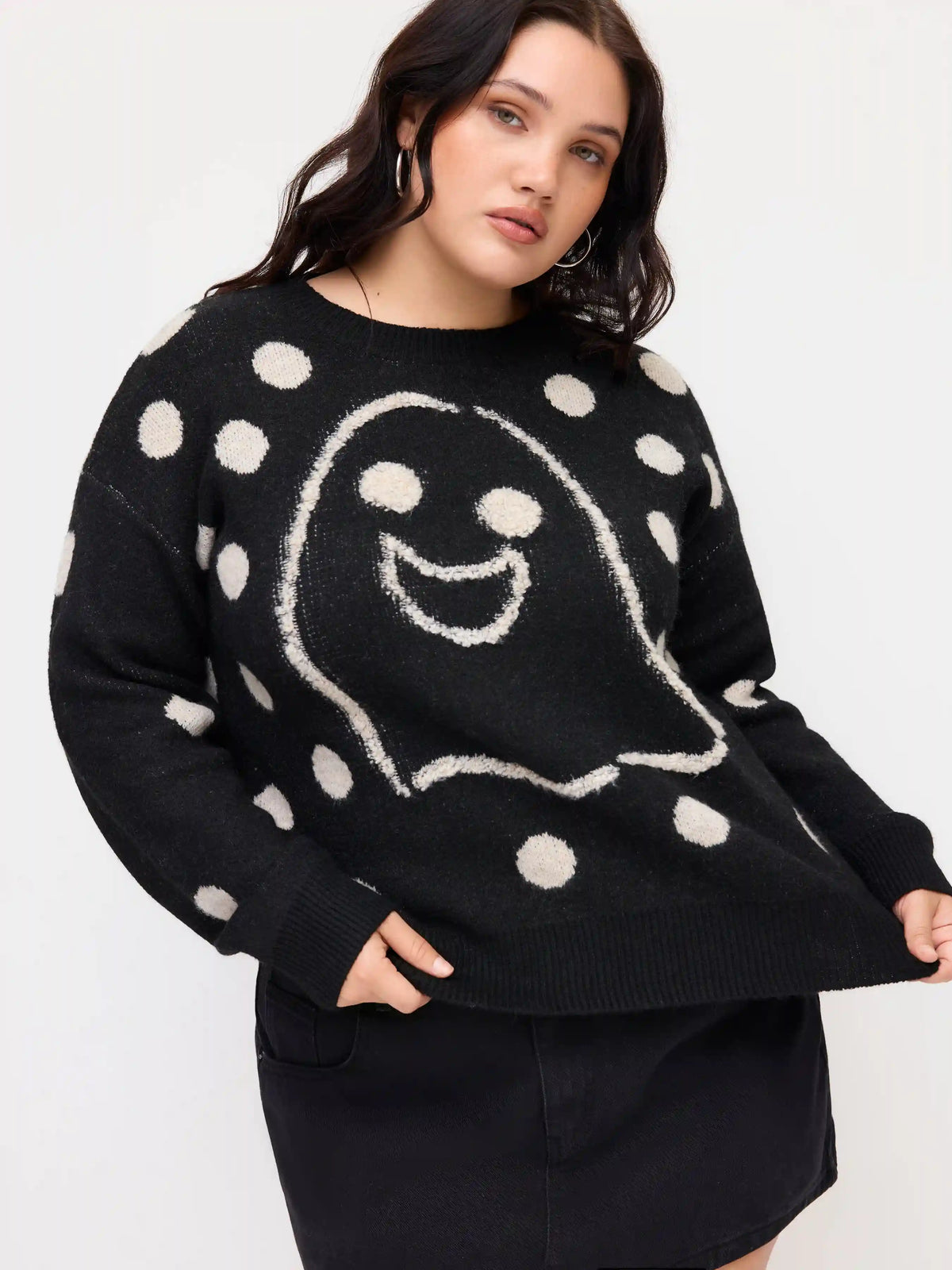 Knit Wool-blend Round Neckline Polka Dot Ghost Oversized Top Curve & Plus