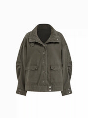Two Way Denim Funnel Neck Belted Pleated Oversized Jacket
