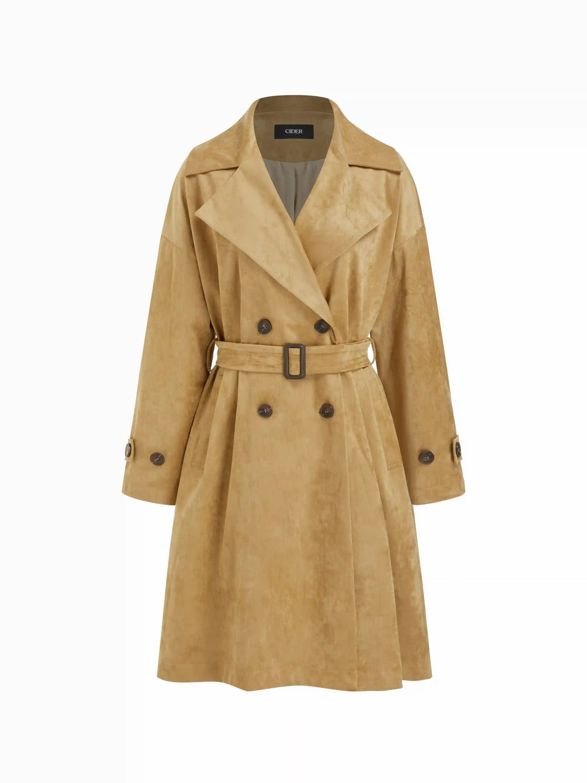 Suede Notched Collar Double Breasted Oversized Trench Coat With Belt
