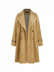Suede Notched Collar Double Breasted Oversized Trench Coat With Belt