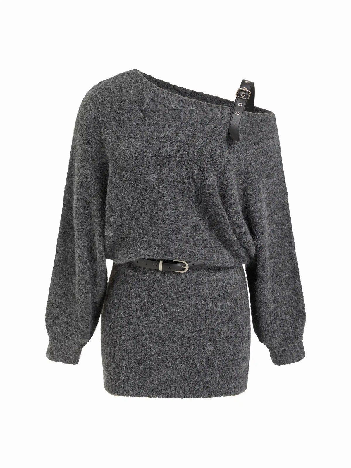 Knit Wool-blend Asymmetrical Neck Mini Dress With Belt