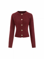 Knit Round Neckline Long Sleeve Metal Button Cardigan