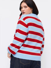 Knit Lobster Pattern Striped Round Neckline Oversized Sweater Curve & Plus