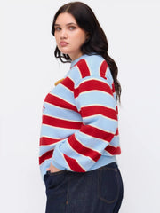 Knit Lobster Pattern Striped Round Neckline Oversized Sweater Curve & Plus