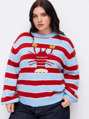 Knit Lobster Pattern Striped Round Neckline Oversized Sweater Curve & Plus