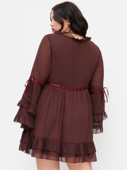 Chiffon V-neck Lettuce Trim Bowknot Ruffle Mini Dress Curve & Plus