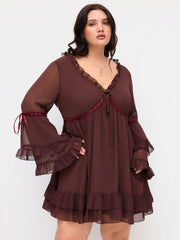 Chiffon V-neck Lettuce Trim Bowknot Ruffle Mini Dress Curve & Plus