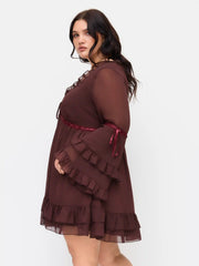 Chiffon V-neck Lettuce Trim Bowknot Ruffle Mini Dress Curve & Plus