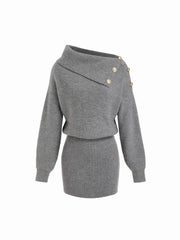 Knit Asymmetrical Neck Metal Detail Mini Dress