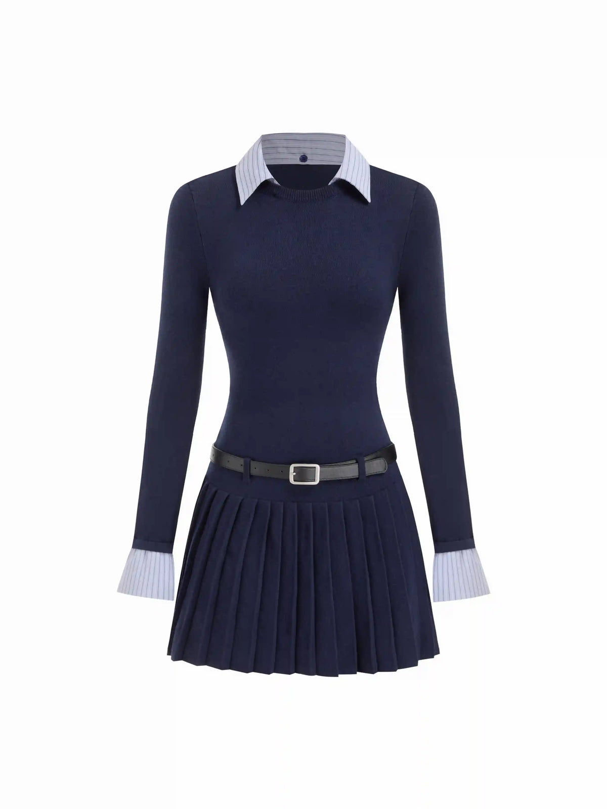 Knit Fabric Collar Belted Pleated Dress