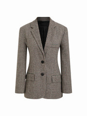 Notched Collar Houndstooth Cinched Waist Button Blazer