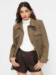 Wool-look Collar Button Pocket Cinched Waist Jacket