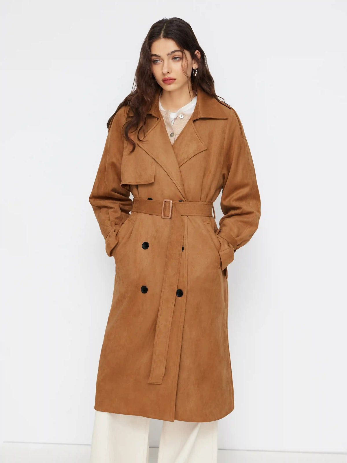 Suede Collar Double Breasted Oversized Longline Trench Coat With Belt