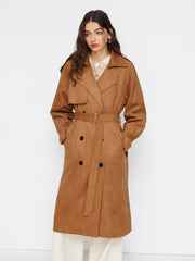 Suede Collar Double Breasted Oversized Longline Trench Coat With Belt