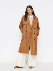 Suede Collar Double Breasted Oversized Longline Trench Coat With Belt