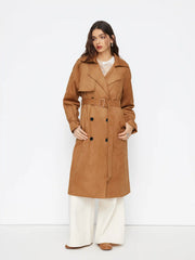 Suede Collar Double Breasted Oversized Longline Trench Coat With Belt