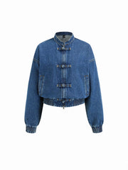 Denim Mandarin Collar Elastic Waist Oversized Jacket
