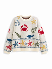 Knit Round Neckline Sea Animal Graphic Oversized Long Sleeve Top Curve & Plus