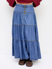 Denim High Rise Solid Tiered Button Pocket Maxi Skirt