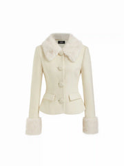 Wool-look Collar Faux Fur Trim Long Sleeve Button Jacket