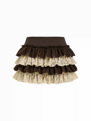 Low Rise Lace Layered Bowknot Lettuce Trim Mini Skort