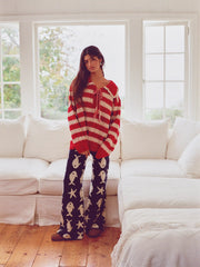 Knit Fish Pattern Mid Rise Elastic Waist Wide Leg Trousers
