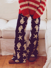 Knit Fish Pattern Mid Rise Elastic Waist Wide Leg Trousers