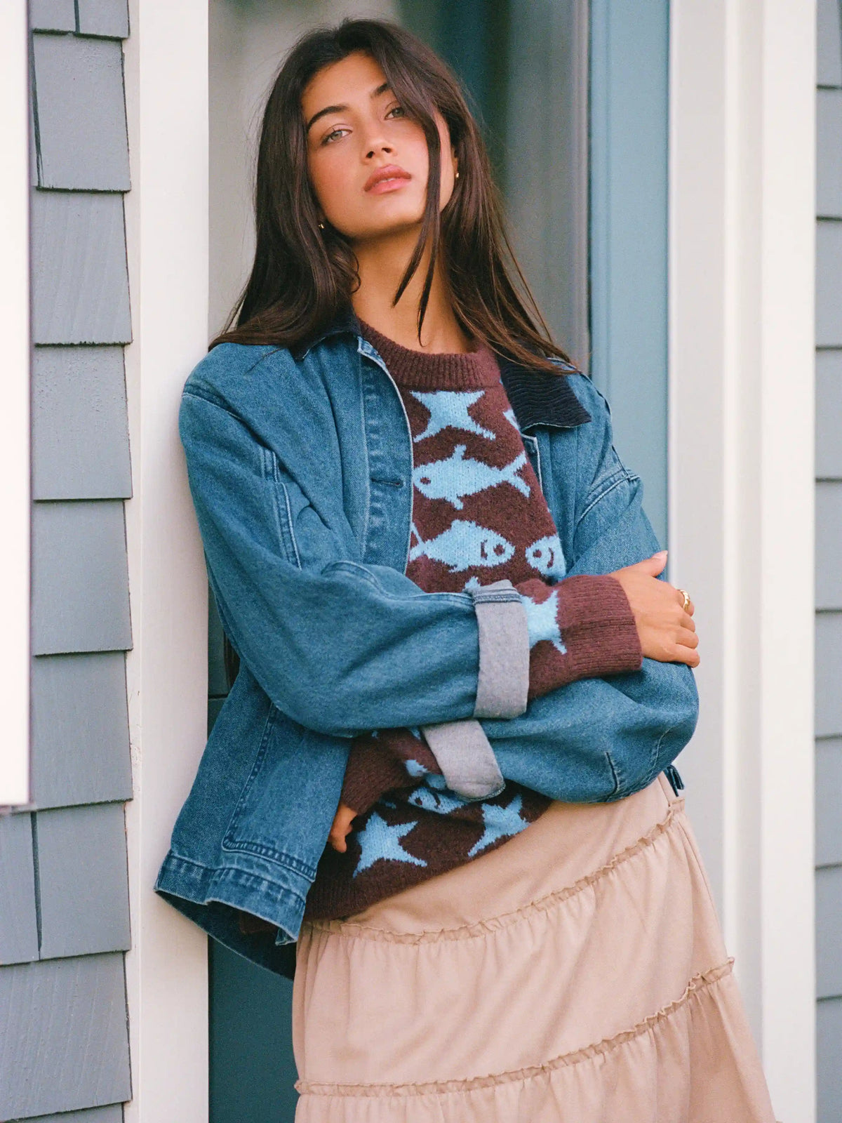 Collar Long Sleeve Oversized Denim Jacket