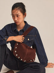 STUDDED FAUX SUEDE SHOULDER BAG
