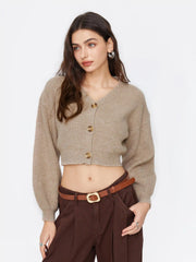Knit V-neck Solid Button Crop Cardigan